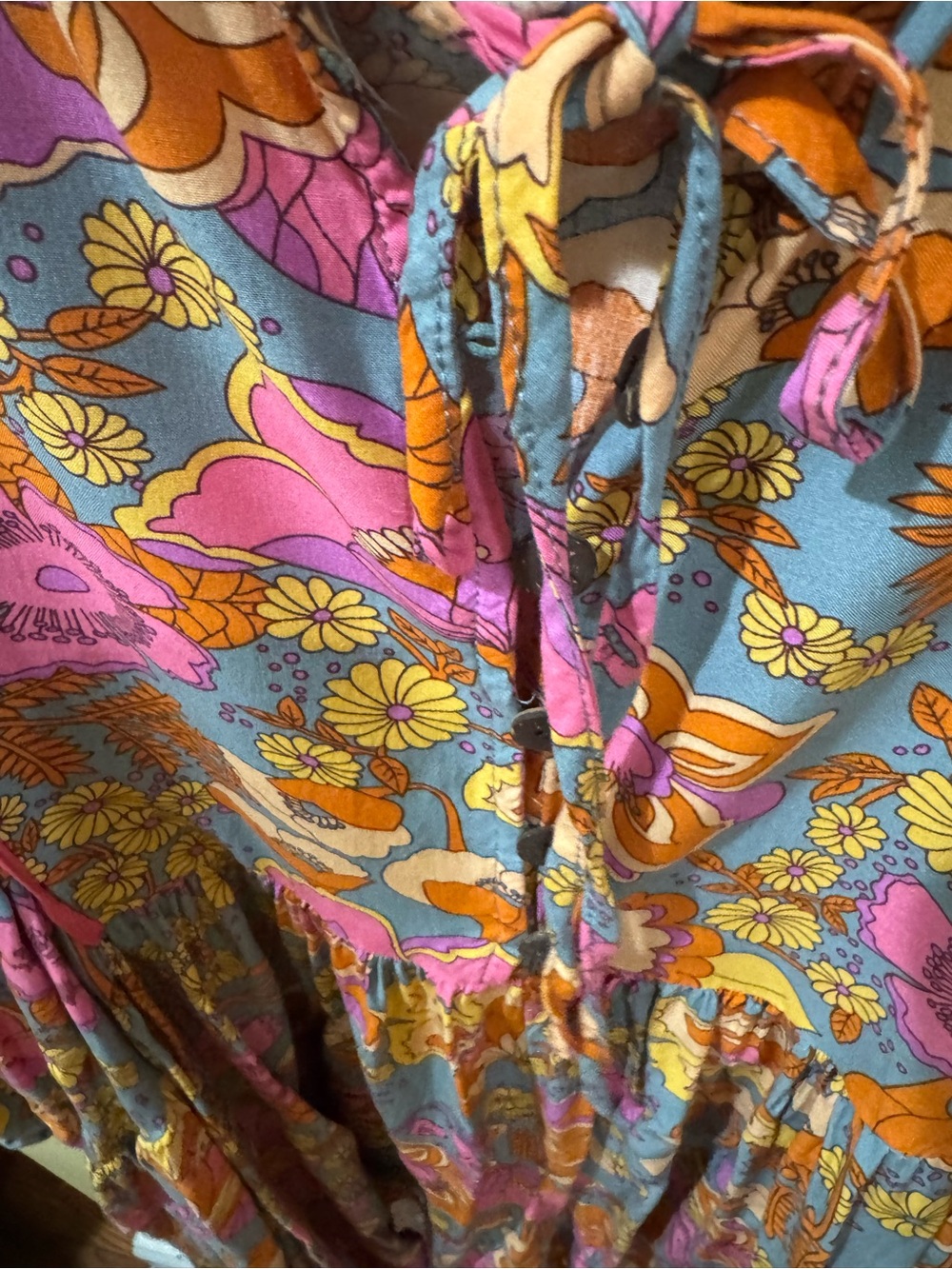 Floral Tie-Front Peasant Romper in Gray, Pink & Orange - Picture 8 of 9
